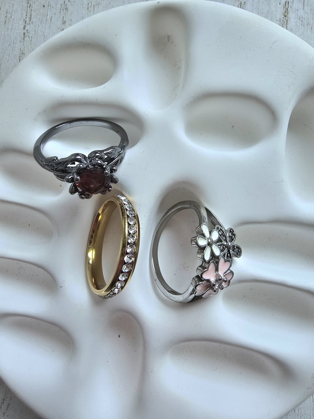 Sterling Silver Floral Pink Enamel Ring with Gold CZ Band